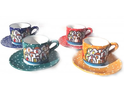 Set 4 Cups + Saucers Houses