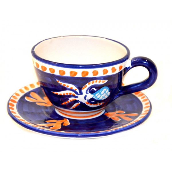 Pottery Cappuccino Cup and Saucer, Blue and White 