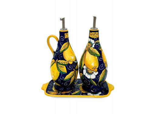 Set olio e aceto Blu grande Limone con ricciolo e fiore