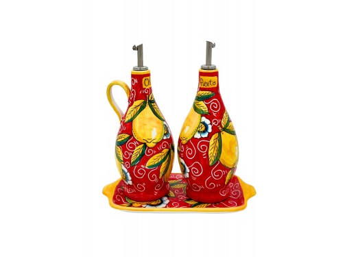 Set olio e aceto Rosso grande Limone con ricciolo e fiore