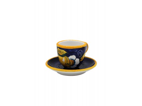 Tazzina caffè con piattino blu limone con ricciolo e fiore