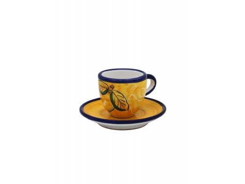 Tazzina caffè con piattino giallo limone con ricciolo e fiore
