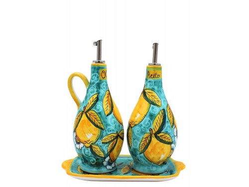 Green Oil and Vinegar Set with Tray Lemon with Curl