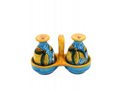 Set sale e pepe con cesto decoro limone con ricciolo e fiore in azzurro