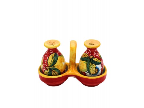 Set salt and pepper with canister in lemon with curl and flower design in red