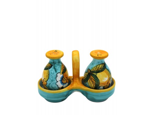 Set sale e pepe con cesto decoro limone con ricciolo e fiore in verde