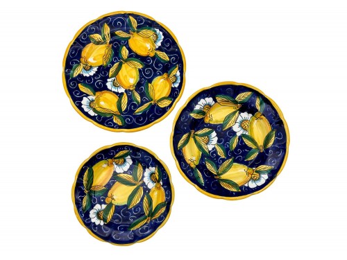 Set Piatti Piano, Fondo e Frutta con decoro limone con ricciolo e fiori in blu