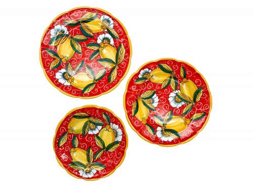 Set Piatti Piano, Fondo e Frutta con decoro limone con ricciolo e fiori in rosso