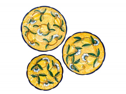 Set Piatti Piano, Fondo e Frutta con decoro limone con ricciolo e fiori in giallo