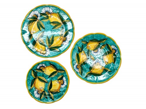 Set Piatti Piano, Fondo e Frutta con decoro limone con ricciolo e fiori in verde