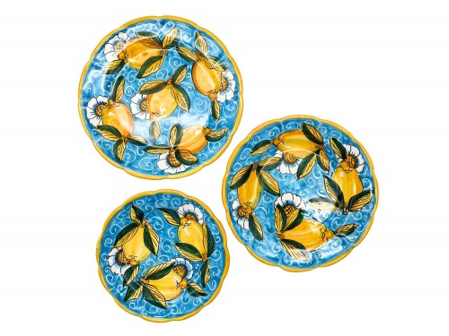 Set Piatti Piano, Fondo e Frutta con decoro limone con ricciolo e fiori in azzurro