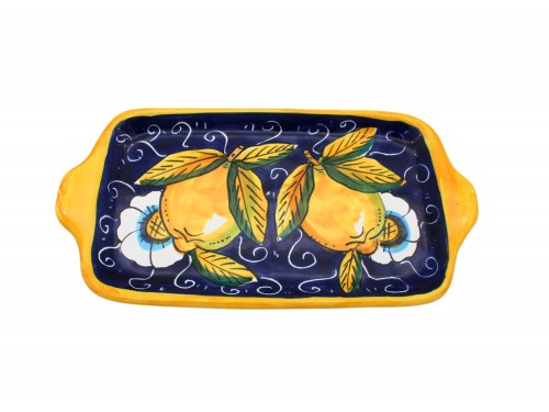 Vassoio rettangolare in decoro limoni con ricciolo e fiori in blu