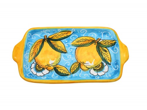 Vassoio rettangolare in decoro limoni con ricciolo e fiori in azzurro