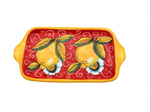 Vassoio rettangolare in decoro limoni con ricciolo e fiori in rosso
