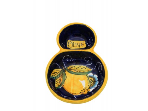 Doppia coppa porta olive limone con ricciolo e fiore in blu