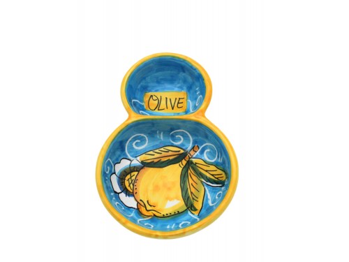 Doppia coppa porta olive limone con ricciolo e fiore in azzurro
