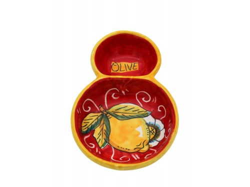 Doppia coppa porta olive limone con ricciolo e fiore in rosso