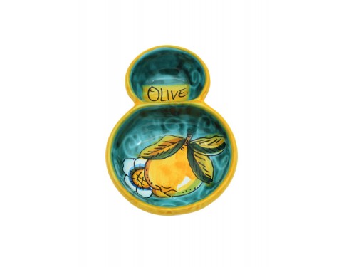 Doppia coppa porta olive limone con ricciolo e fiore in verde