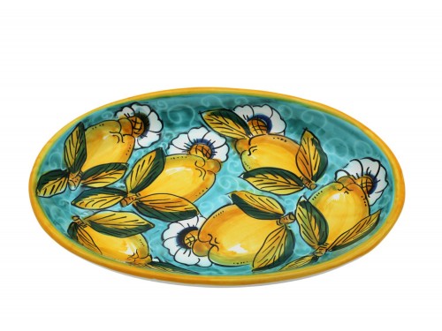 Piatto ovale in decoro limoni con ricciolo e fiori in verde
