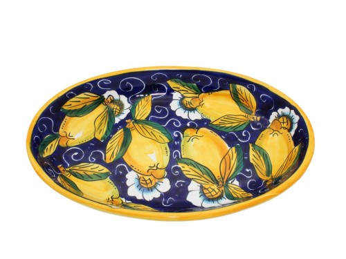 Piatto ovale in decoro limoni con ricciolo e fiori in blu