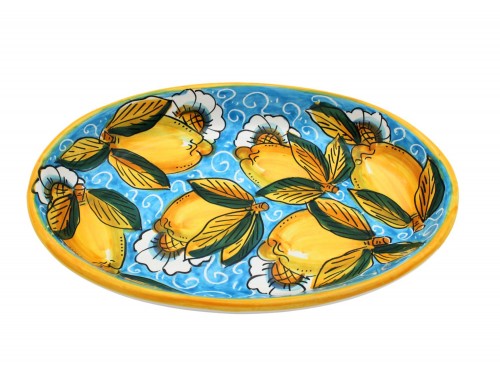 Piatto ovale in decoro limoni con ricciolo e fiori in azzurro