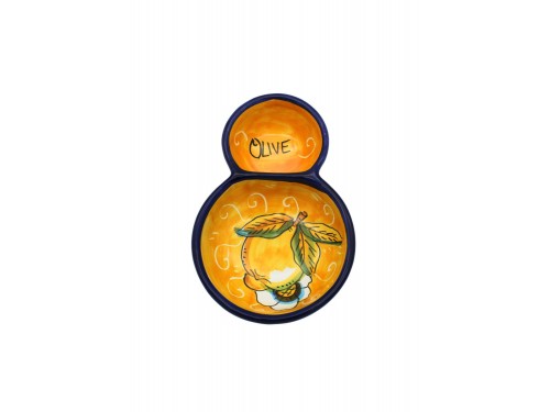 Olive bowl appetizer lemon with curl and flower in yellow