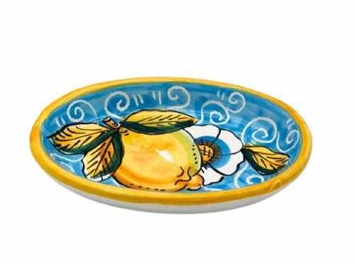 Piatto ovale piccolo in decoro limoni e fiori in azzurro