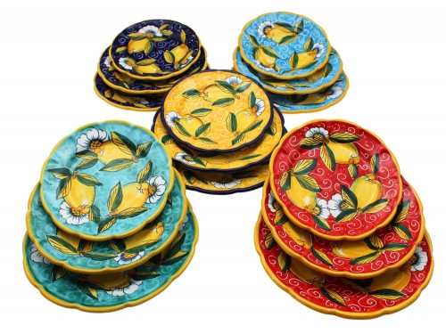 5 Set Piatti Piano, Fondo e Frutta con decoro limone con ricciolo e fiori