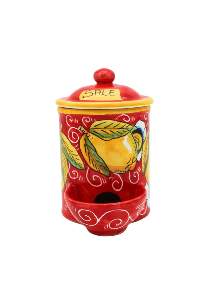 barattolo portasale con dispenser limone con ricciolo rosso.webp