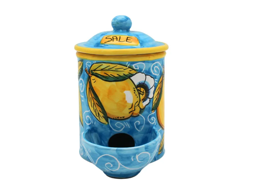 barattolo portasale con dispenser limone con ricciolo azzurro.webp