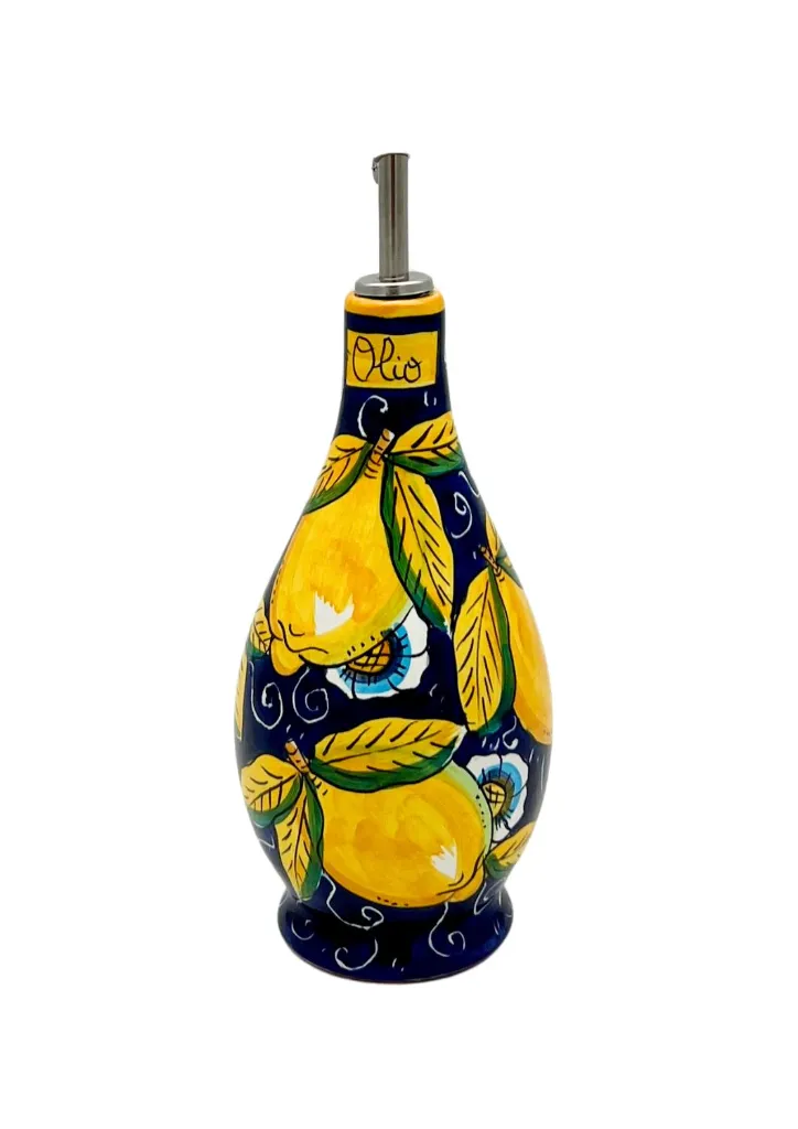 Bottiglia olio grande limone con ricciolo blu.webp