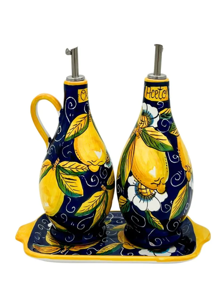 Blu Oil and Vinegar Set with "curly lemons" (Blue)