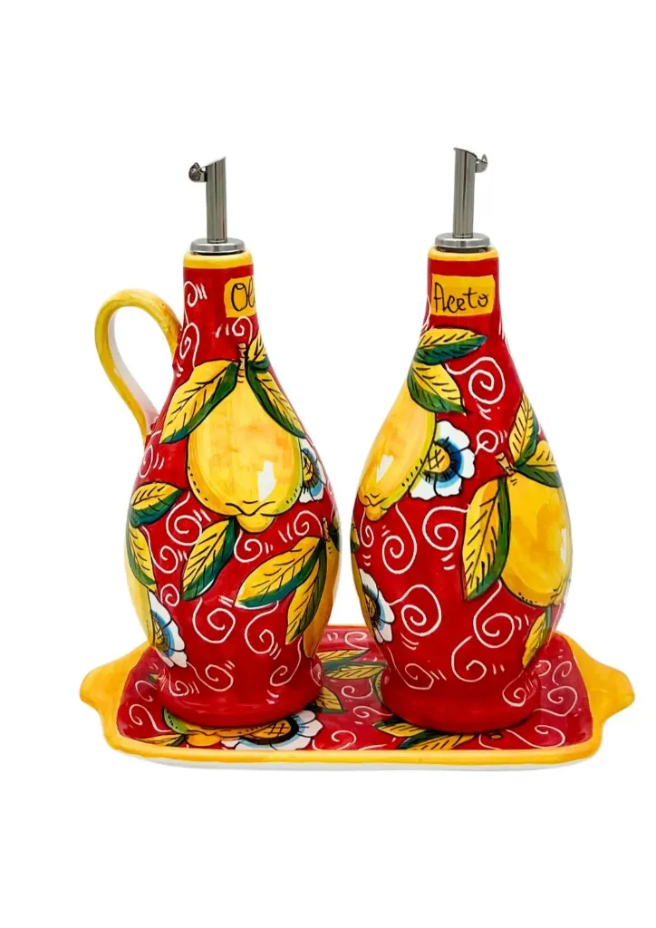 Blu Oil and Vinegar Set with "curly lemons"