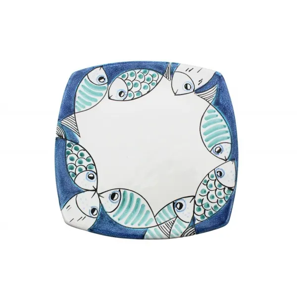 Square Dinner plate with fish in turquoise